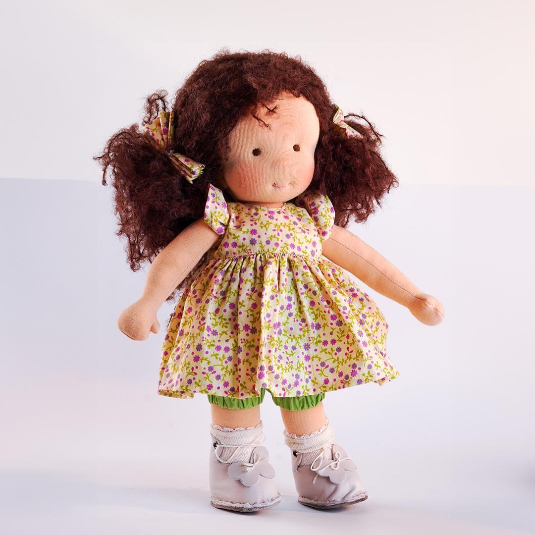 Waldorf doll, organic, blue shops eyed, eco friendly, long haired, white, green, cosy,