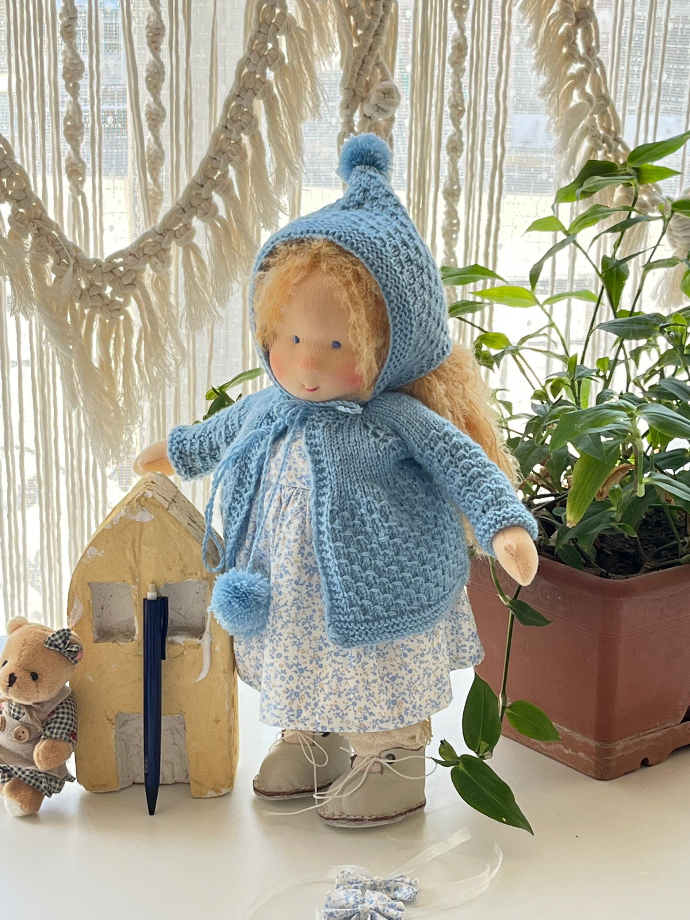 14-Inch Waldorf Doll Handmade Organic Cotton, Blue Eyes, Yellow Hair, Blue Cardigan - Soft, Eco-Friendly Toy, Can Sit & Stand