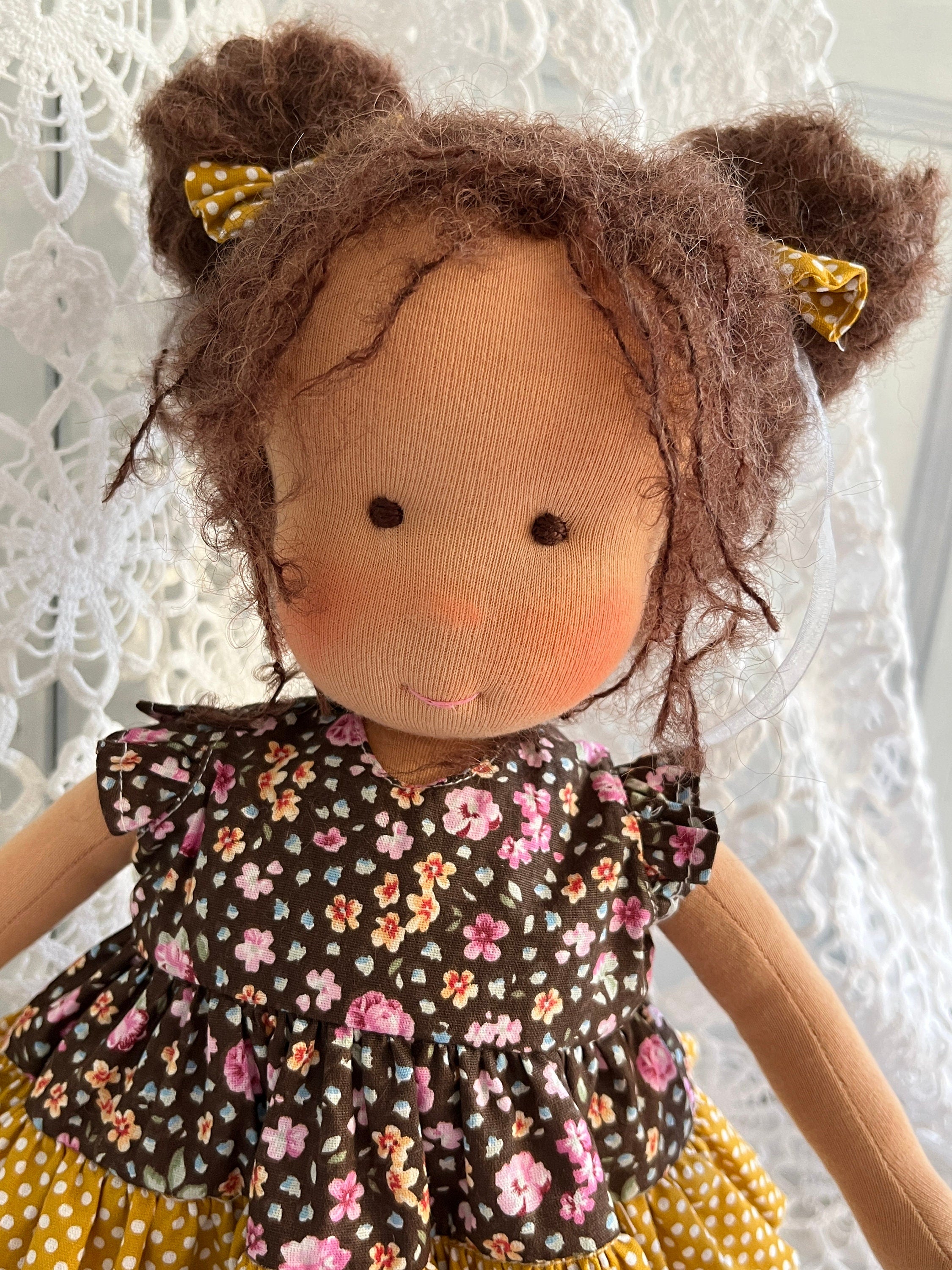 14-Inch Waldorf Doll Handmade Organic Cotton, Brown Hair, Brown Eyes, Floral Dress - Soft, Eco-Friendly, Customizable Ideal Gift for Kids