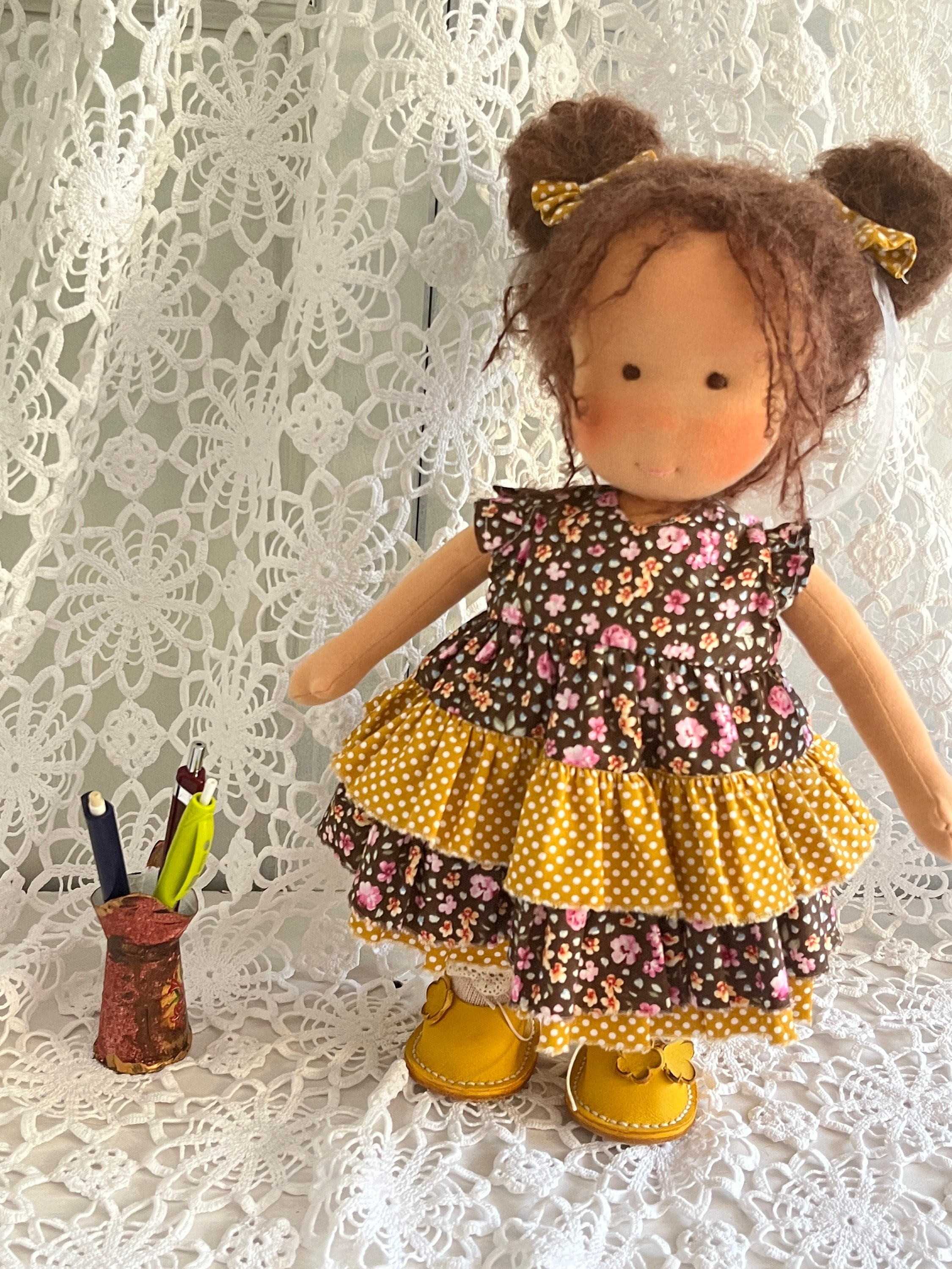 14-Inch Waldorf Doll Handmade Organic Cotton, Brown Hair, Brown Eyes, Floral Dress - Soft, Eco-Friendly, Customizable Ideal Gift for Kids