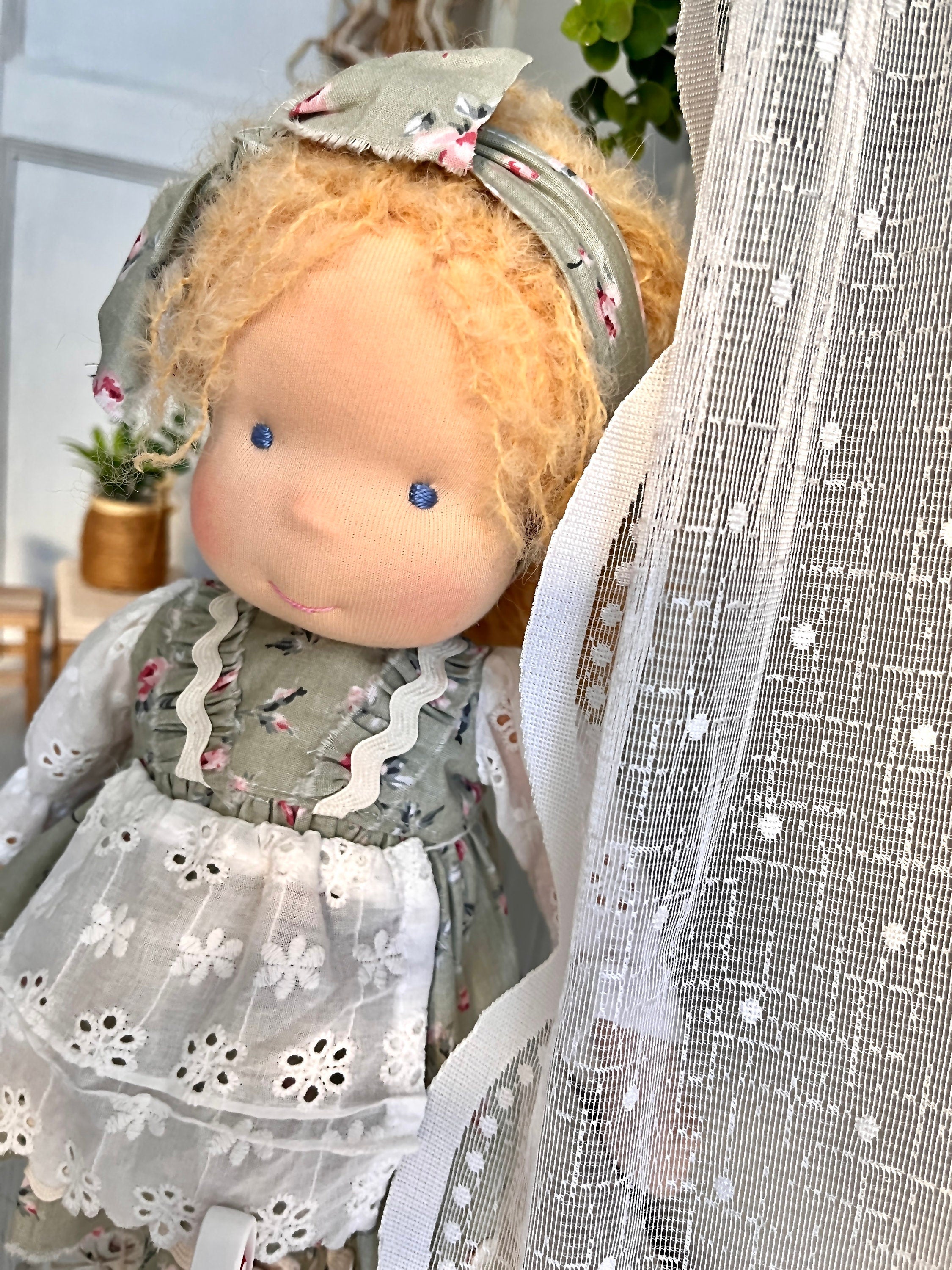 14-Inch Waldorf Doll Handmade, Organic Cotton,  Blue Eyes, Floral Dress, Soft & Eco-Friendly, Perfect for Kids and Collectors