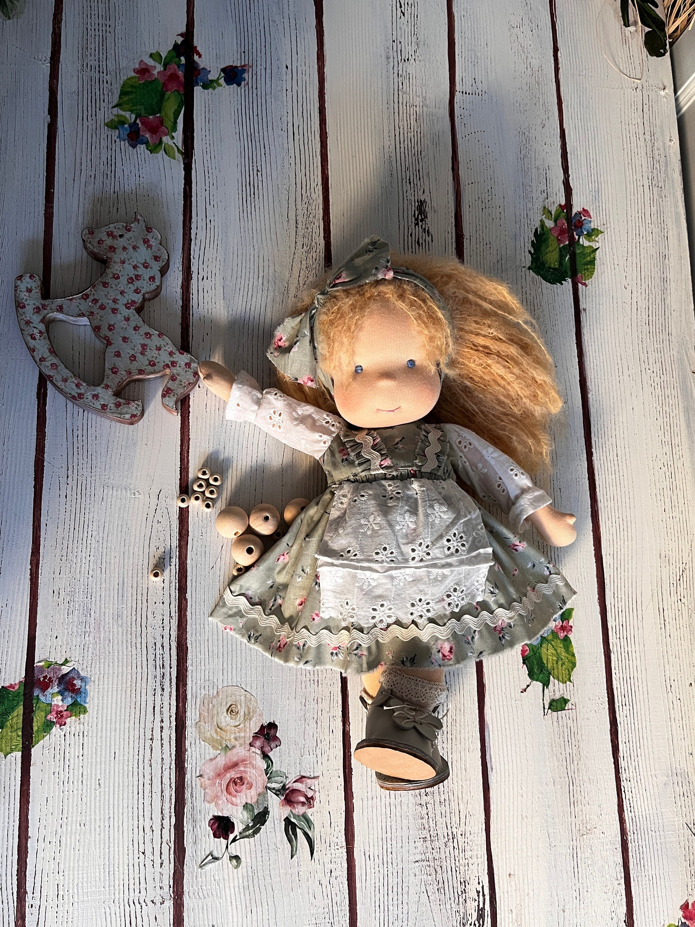 14-Inch Waldorf Doll Handmade, Organic Cotton,  Blue Eyes, Floral Dress, Soft & Eco-Friendly, Perfect for Kids and Collectors