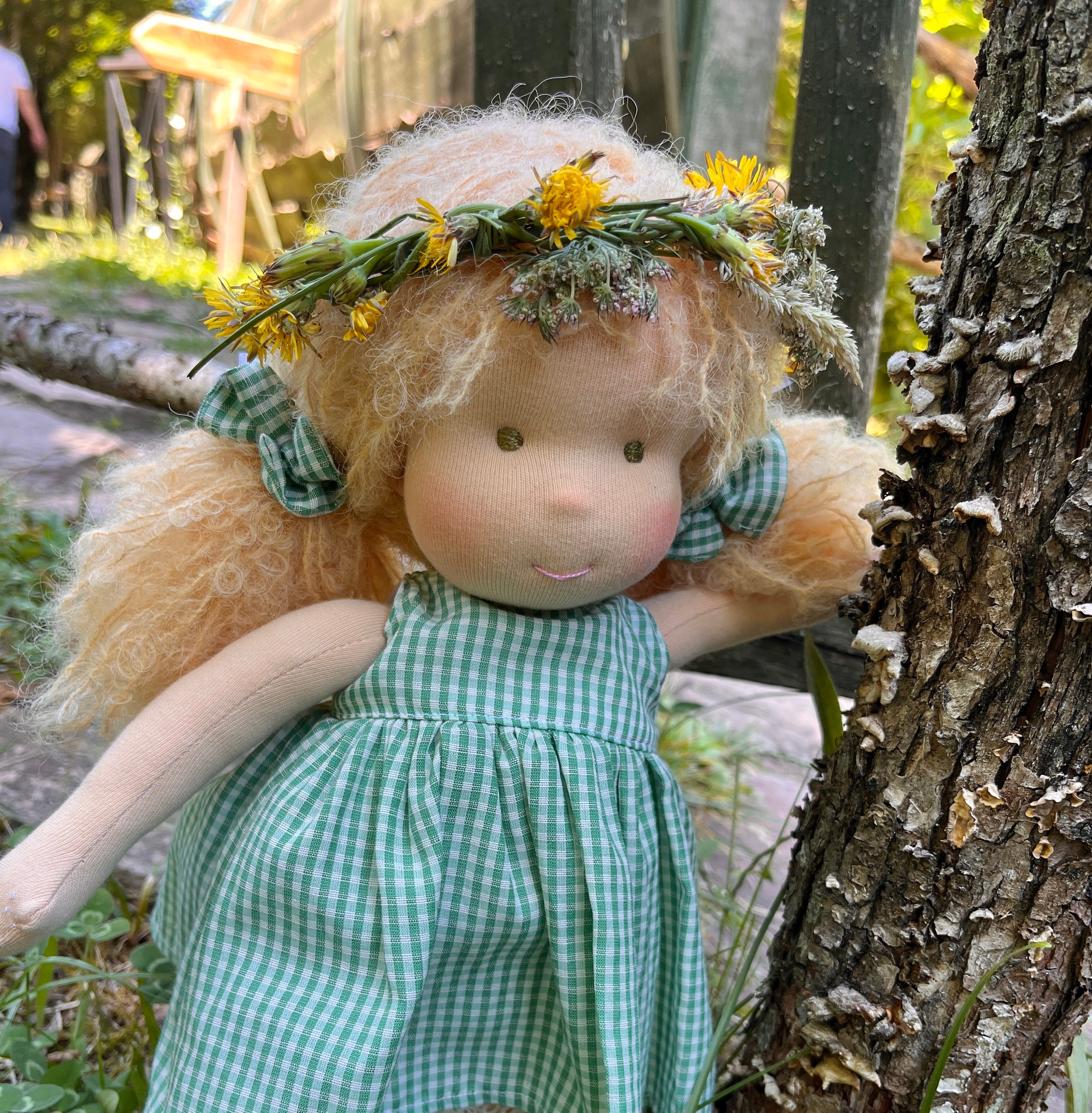 Unique 14-Inch Waldorf Doll  Artisan-Made with Organic Cotton,Brown Hair,Blue Eyes,Floral Dress,Soft and Eco-Friendly,Perfect Keepsake Gift