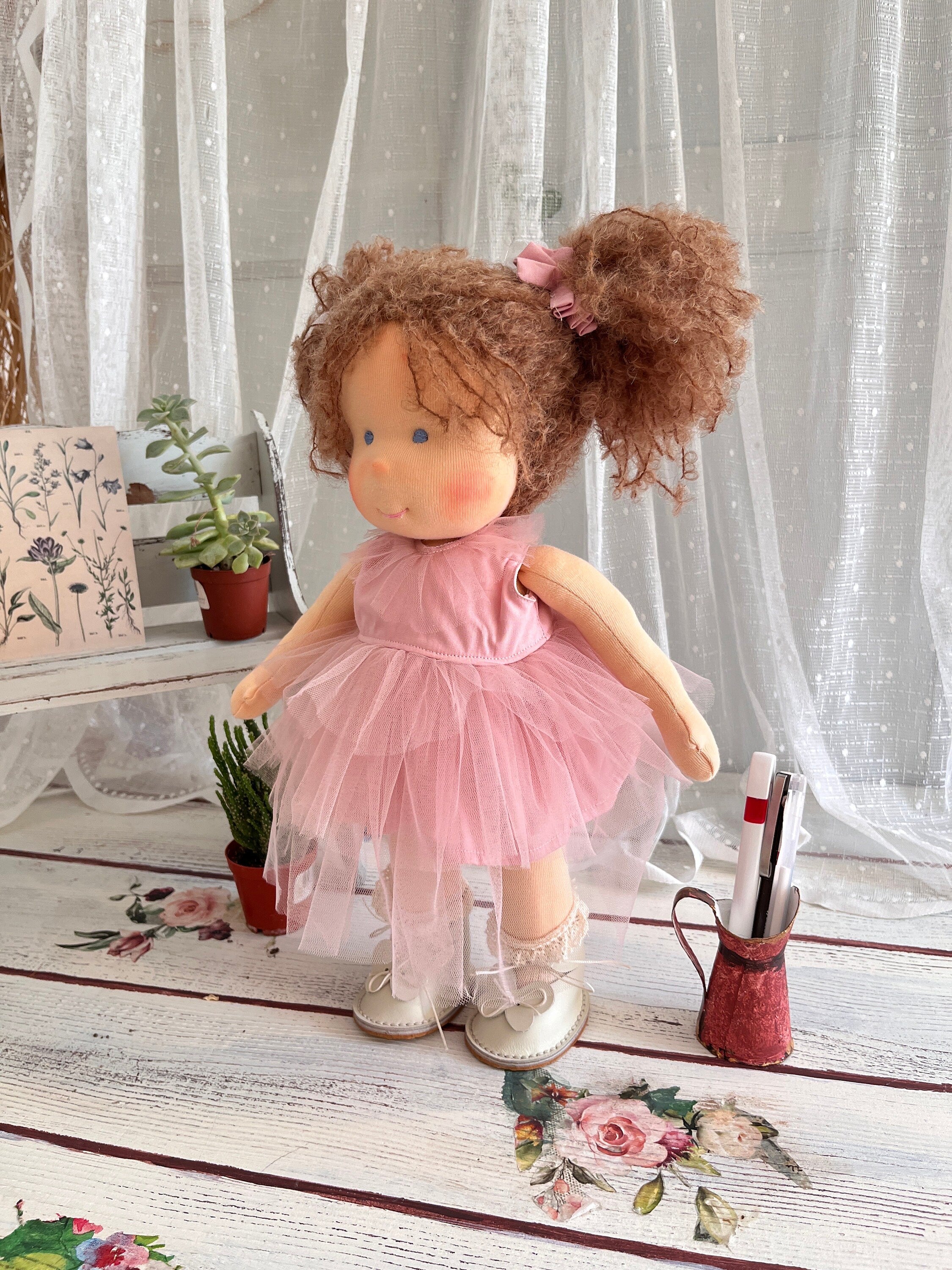 14 Inch Handmade Waldorf Doll Organic Cotton Pink Dress with White Shoes Eco Friendly Toy Custom Gift for Kids and Moms