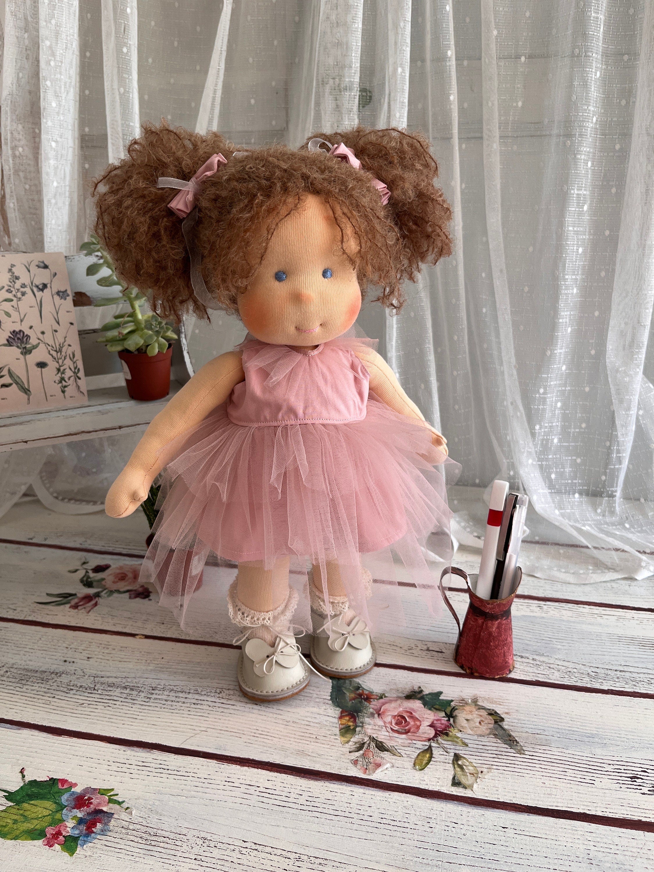 14 Inch Handmade Waldorf Doll Organic Cotton Pink Dress with White Shoes Eco Friendly Toy Custom Gift for Kids and Moms