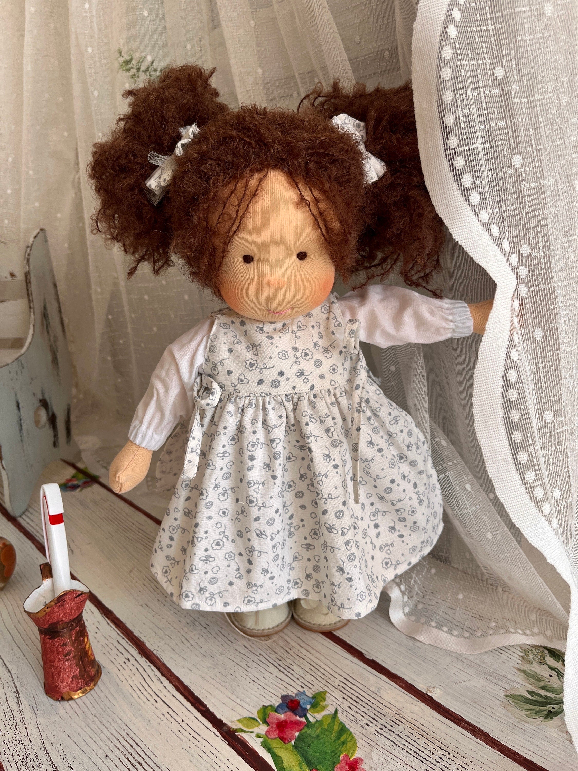 14-Inch Waldorf Doll, Handmade Organic Cotton, Soft Beige Outfit, Brown Plush Hair, Eco-Friendly Toy for Boys & Girls, Unique Gift Idea