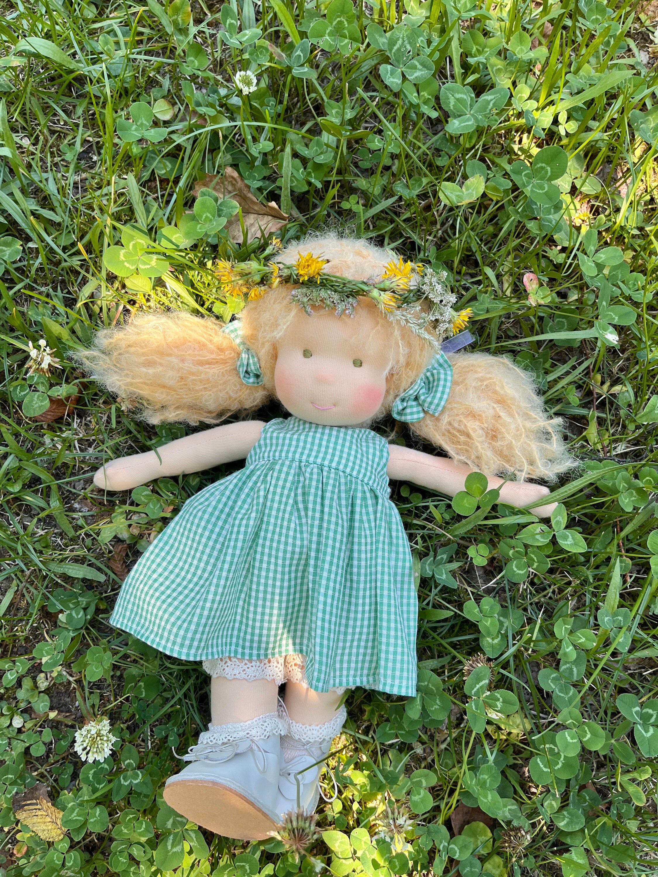 Unique 14-Inch Waldorf Doll  Artisan-Made with Organic Cotton,Brown Hair,Blue Eyes,Floral Dress,Soft and Eco-Friendly,Perfect Keepsake Gift