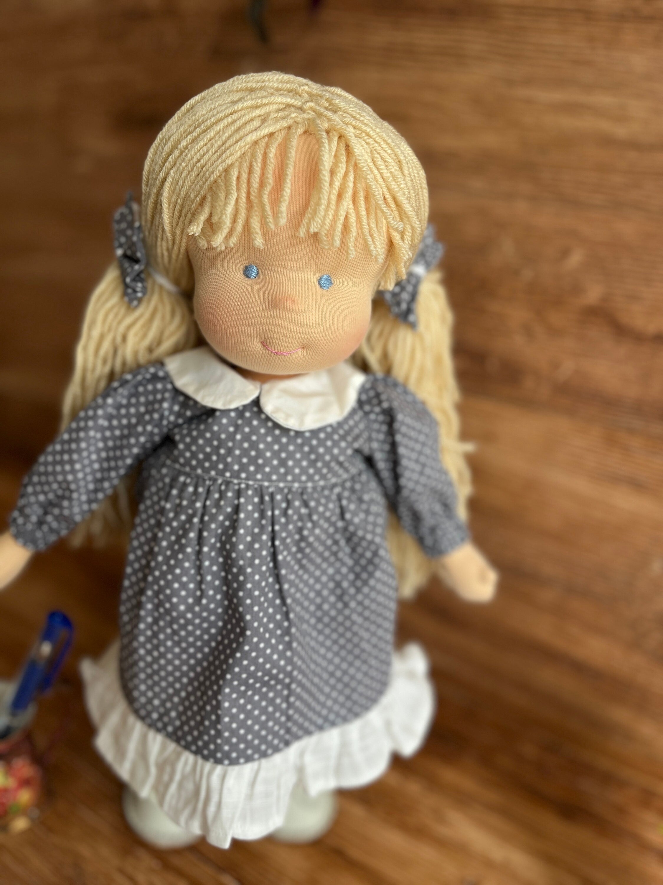 14-Inch Waldorf Doll, Handmade Organic Cotton, Light Blue Floral Dress, Light Brown Hair, Eco-Friendly Toy, Perfect Gift for Kids