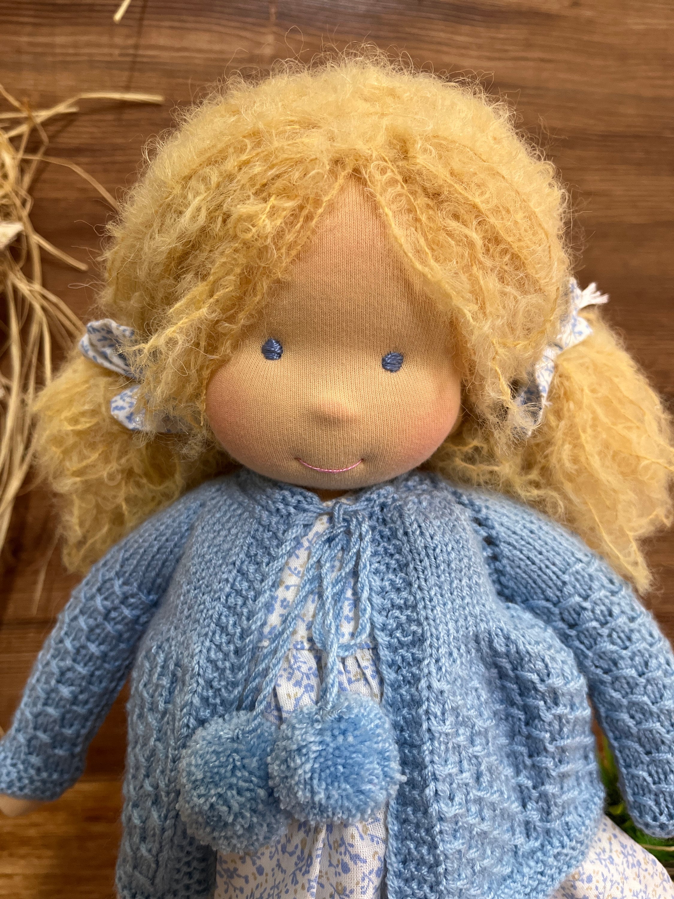 14-Inch Waldorf Doll Handmade Organic Cotton, Blue Eyes, Yellow Hair, Blue Cardigan - Soft, Eco-Friendly Toy, Can Sit & Stand