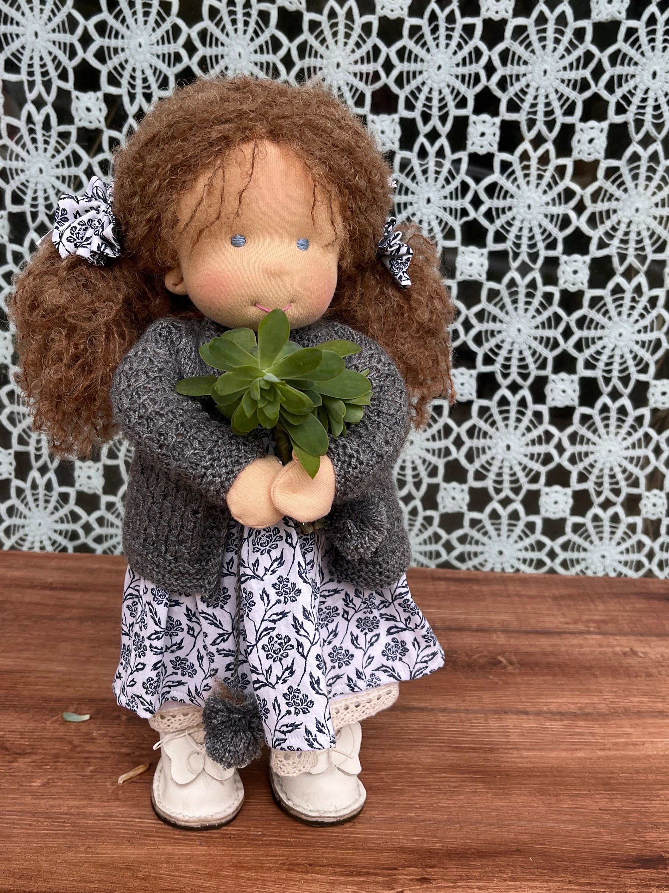 Charming 14-Inch Waldorf Doll, Handmade Organic Cotton, Brown Hair, Blue Eyes, Floral Dress, Soft & Eco-Friendly, Perfect Unique Gift