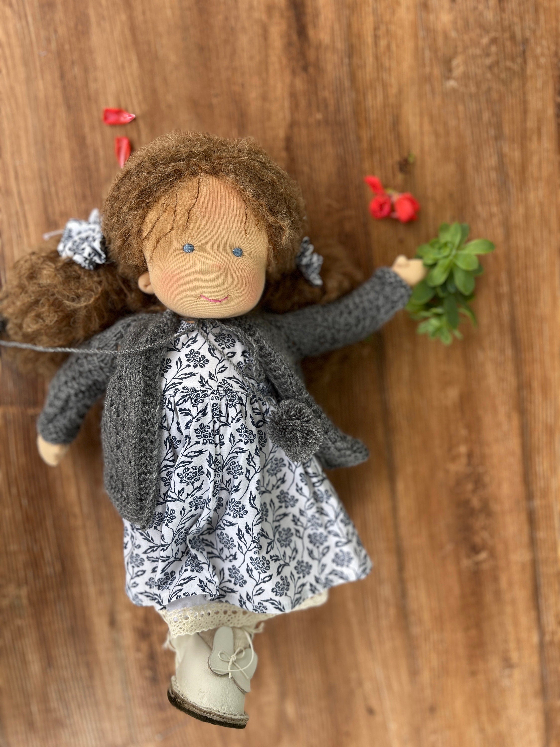 Charming 14-Inch Waldorf Doll, Handmade Organic Cotton, Brown Hair, Blue Eyes, Floral Dress, Soft & Eco-Friendly, Perfect Unique Gift