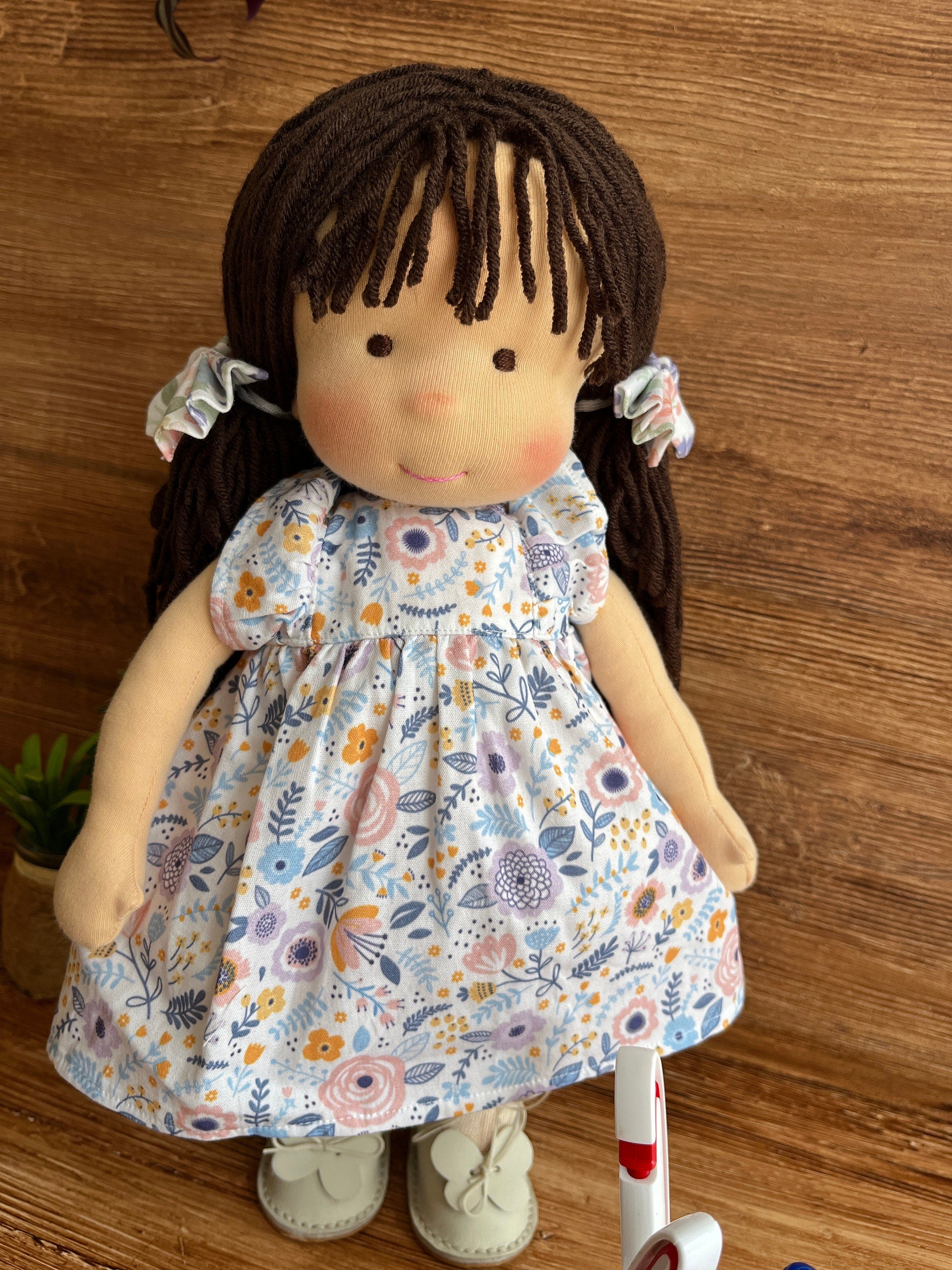 14-Inch Waldorf Doll Handmade, Organic Cotton, Blonde Hair, Blue Eyes, Red Dress with White Polka Dots, Soft & Eco-Friendly - Ideal Gift