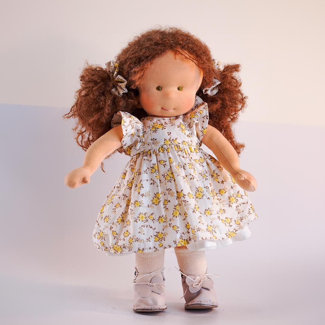 14-Inch Handmade Waldorf Doll  Articulated Limbs, Natural Cotton, Brown Hair, Soft Texture, Eco-Conscious Design, Perfect Gift