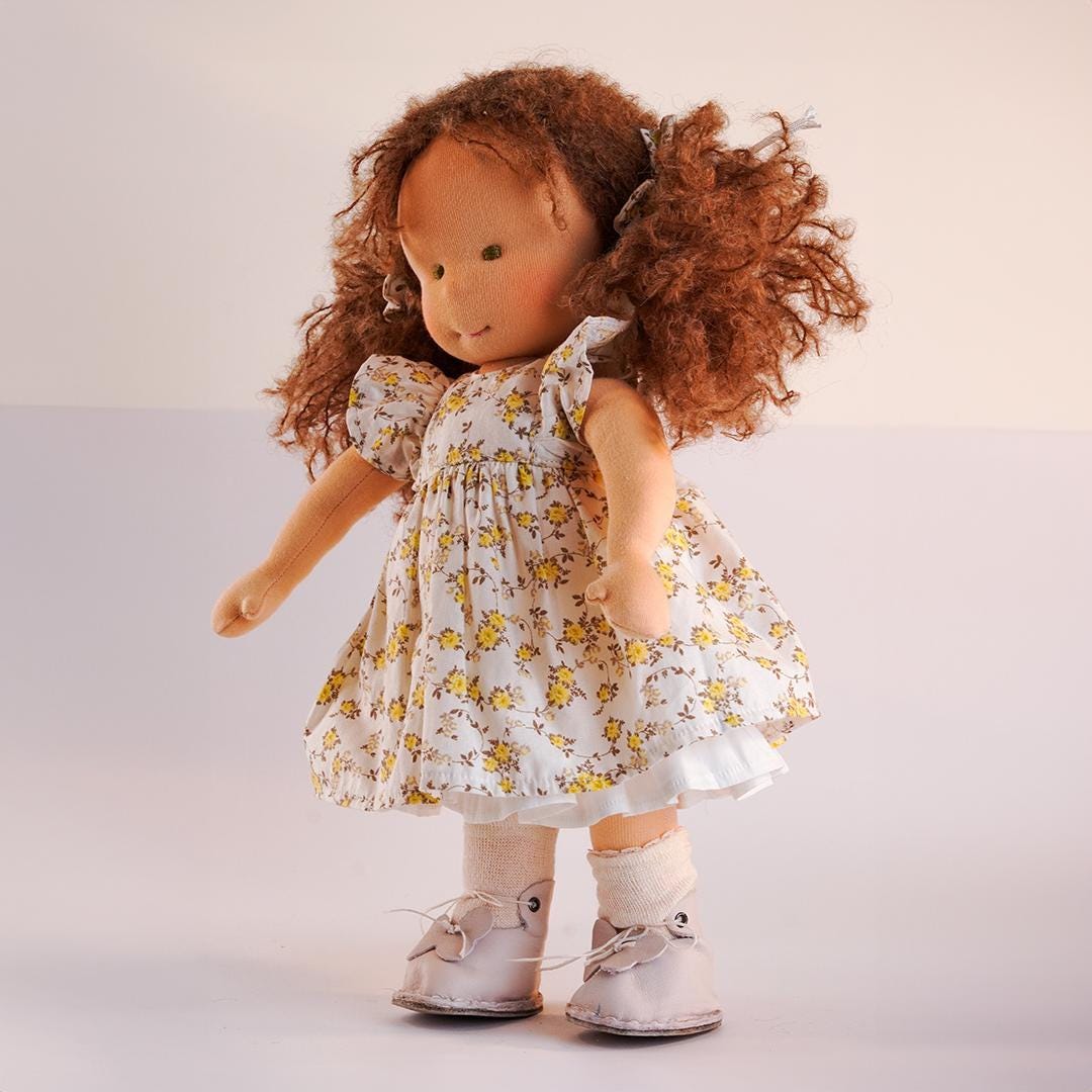 14-Inch Handmade Waldorf Doll  Articulated Limbs, Natural Cotton, Brown Hair, Soft Texture, Eco-Conscious Design, Perfect Gift