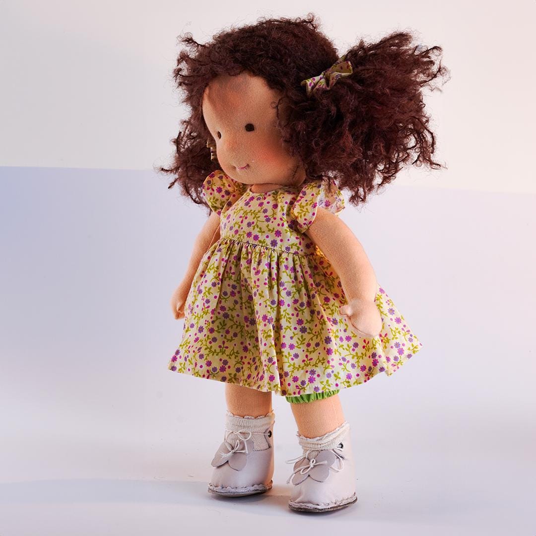 14-Inch Handmade Waldorf Doll  Movable Limbs, Organic Cotton, Brown Hair, Blue Eyes, Soft Fabric, Eco-Friendly, Gift Ready